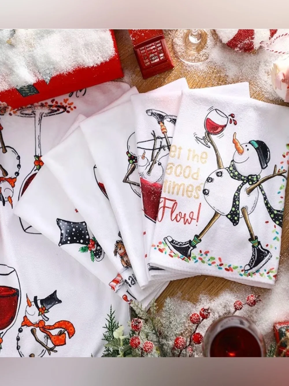 RESERVED 💜 Holiday Snowman Wine Kitchen Towel set -6 towels